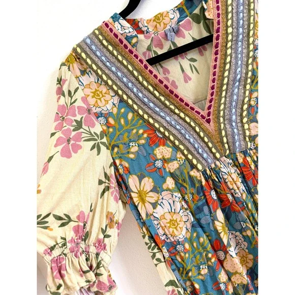 Boho Floral Peasant Blouse Embroidered Yoke Cottagecore Anthro Blank NYC Large - Picture 3 of 6